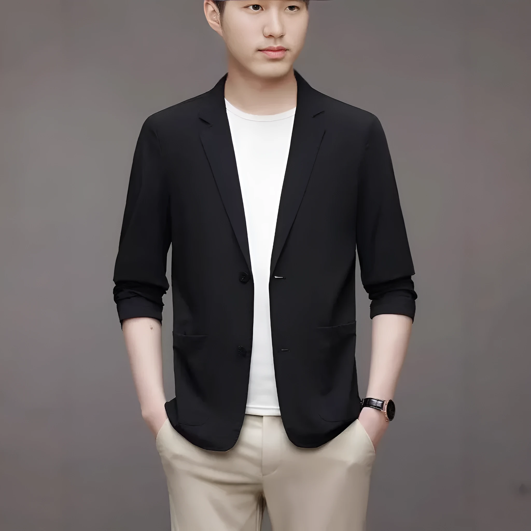 Ice silk men's lightweight casual stretch suit jacket in black with non-iron polyester fabric