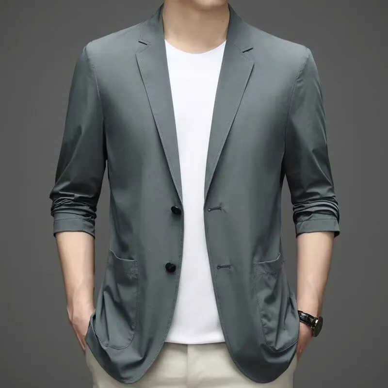 Ice silk men's lightweight casual stretch suit jacket in black with non-iron polyester fabric