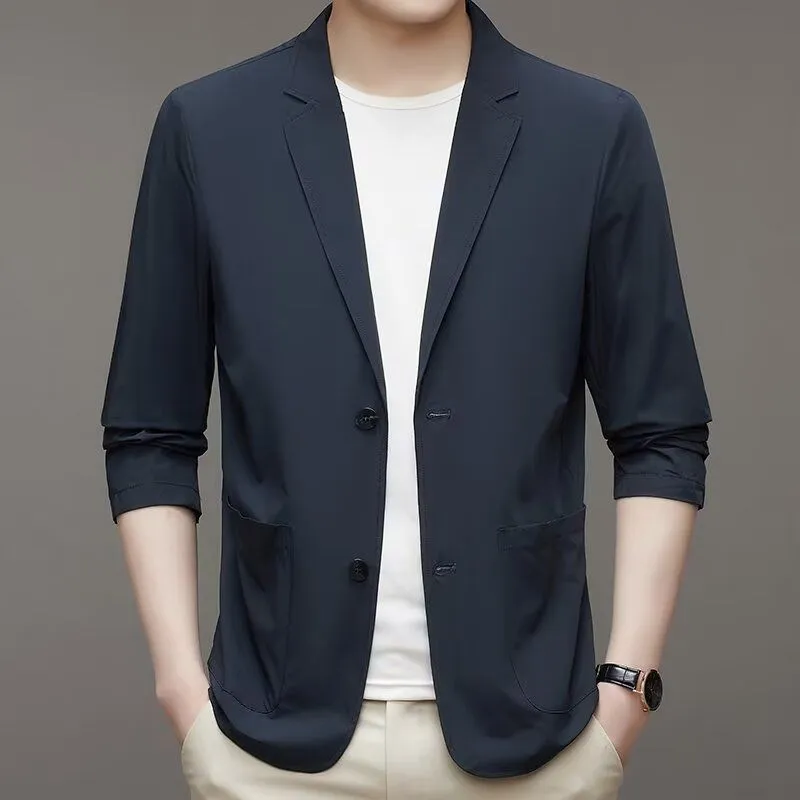 Ice silk men's lightweight casual stretch suit jacket in black with non-iron polyester fabric