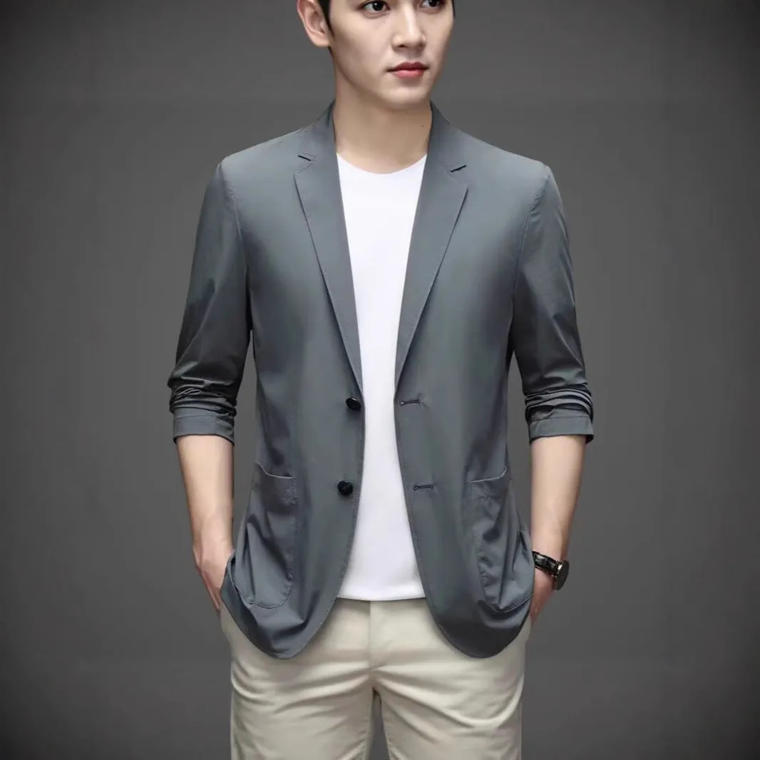 Ice silk men's lightweight casual stretch suit jacket in black with non-iron polyester fabric