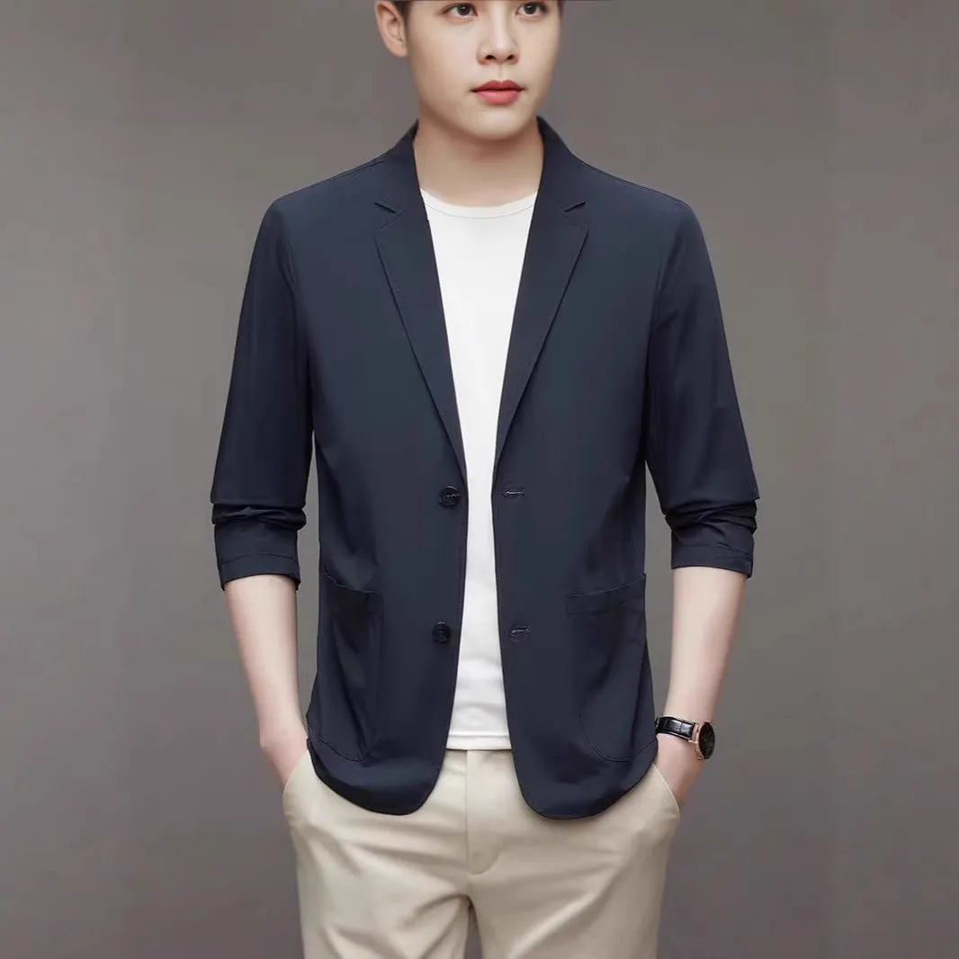 Ice silk men's lightweight casual stretch suit jacket in black with non-iron polyester fabric