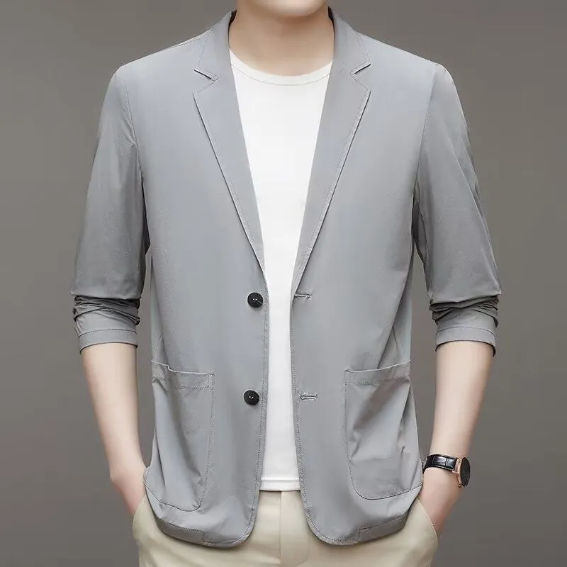 Ice silk men's lightweight casual stretch suit jacket in black with non-iron polyester fabric
