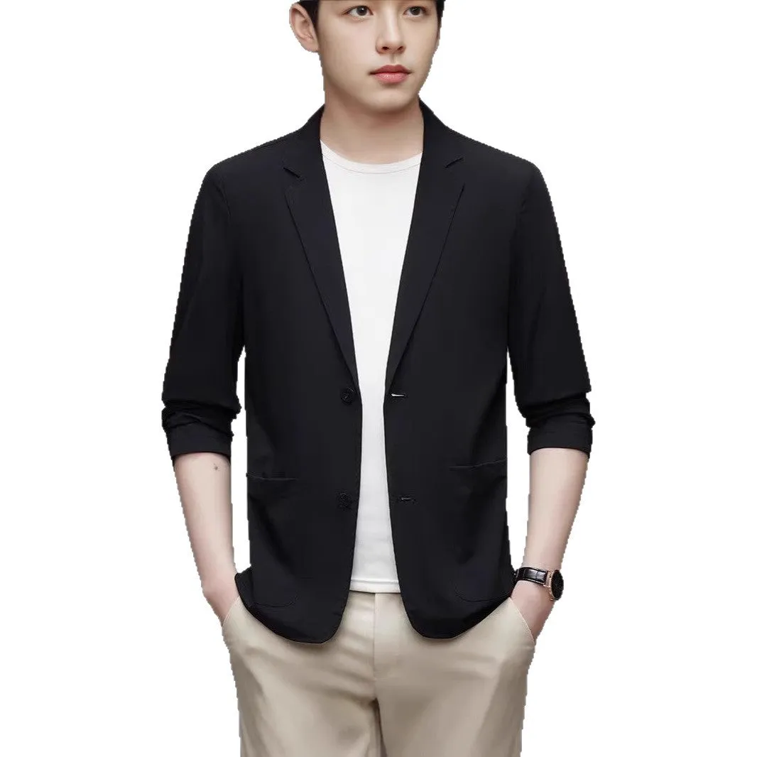 Ice silk men's lightweight casual stretch suit jacket in black with non-iron polyester fabric