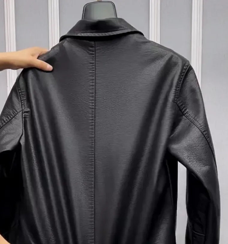 Men's waterproof PU leather lapel jacket in black with loose fit and drawstring sleeves