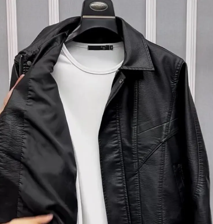 Men's waterproof PU leather lapel jacket in black with loose fit and drawstring sleeves