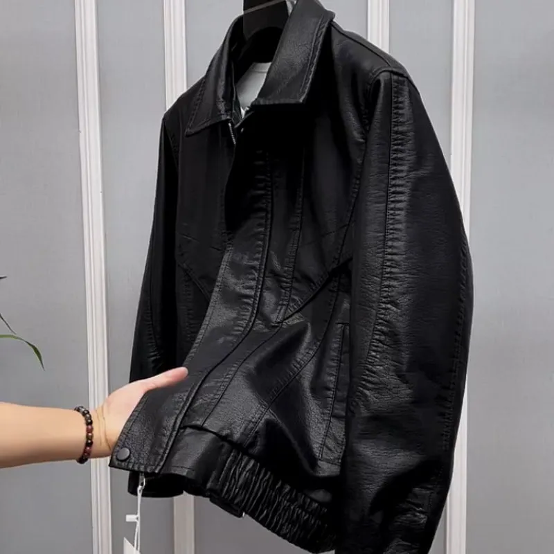 Men's waterproof PU leather lapel jacket in black with loose fit and drawstring sleeves
