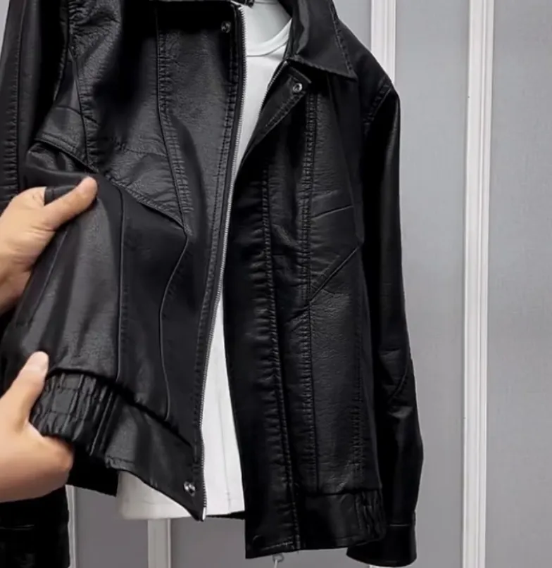 Men's waterproof PU leather lapel jacket in black with loose fit and drawstring sleeves