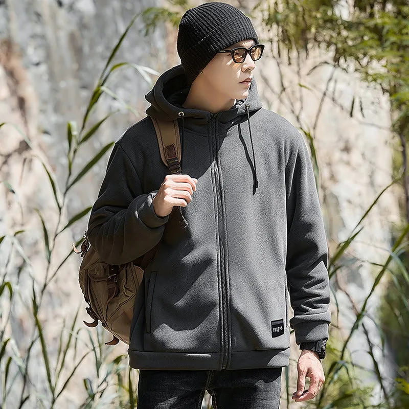 Men's hooded lamb wool loose jacket in camel with brushed finish, shown front view, available in sizes M to 8XL