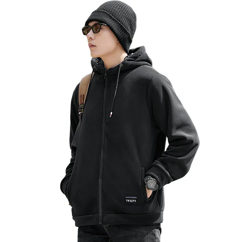 Men's hooded lamb wool loose jacket in camel with brushed finish, shown front view, available in sizes M to 8XL