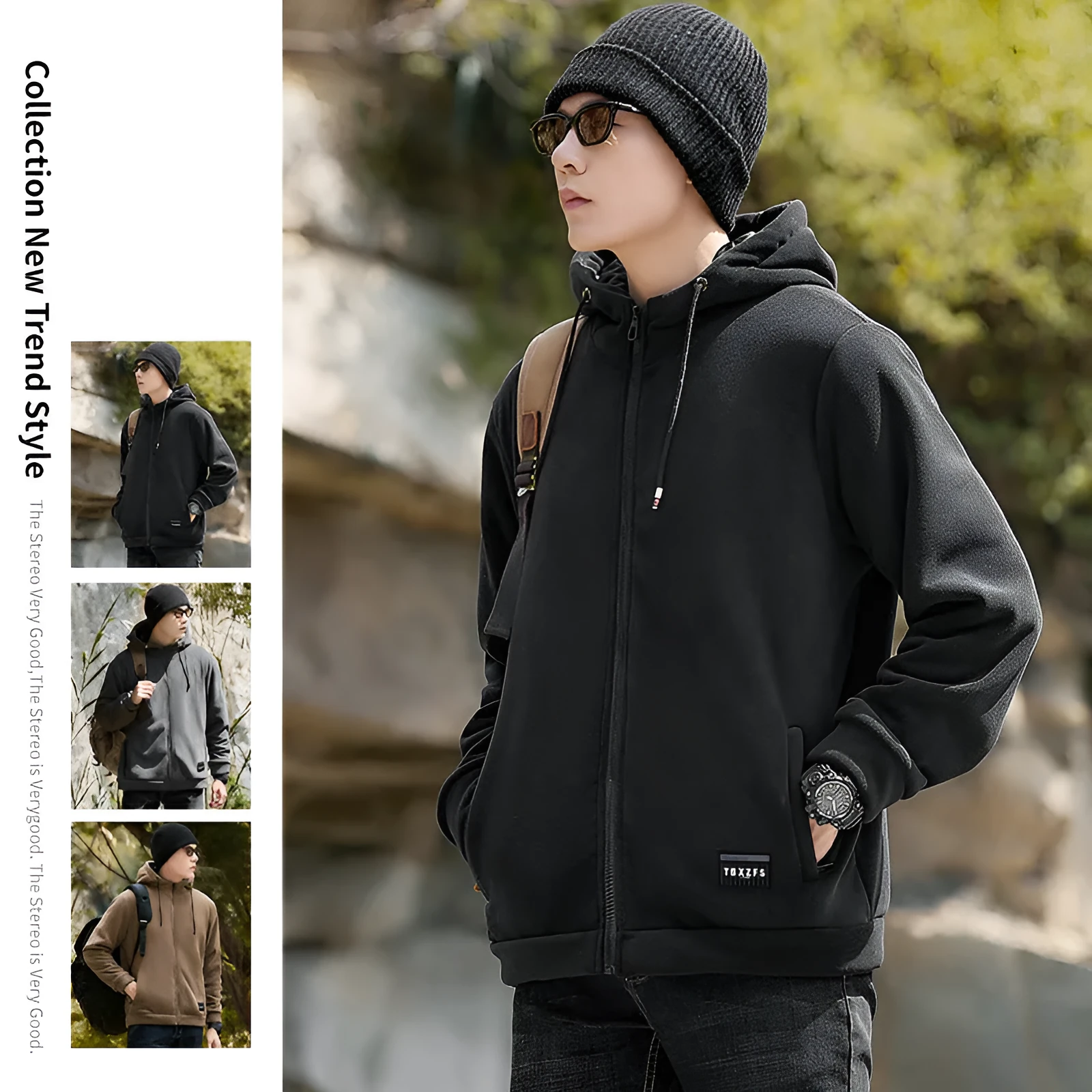 Men's hooded lamb wool loose jacket in camel with brushed finish, shown front view, available in sizes M to 8XL