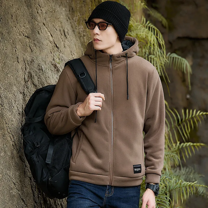 Men's hooded lamb wool loose jacket in camel with brushed finish, shown front view, available in sizes M to 8XL