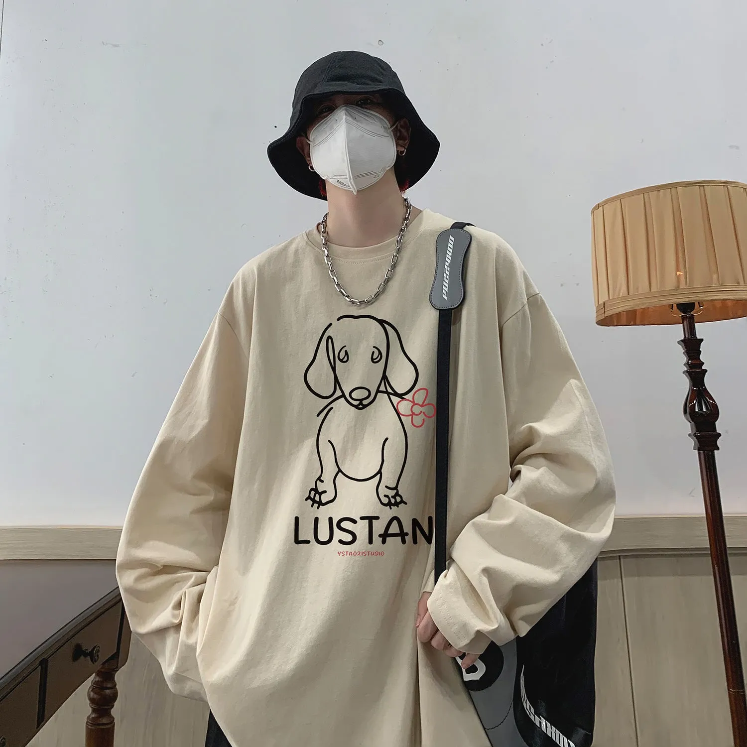 Cartoon puppy printed long sleeve cotton T-shirt in loose fit, available in multiple colours and sizes M to 5XL