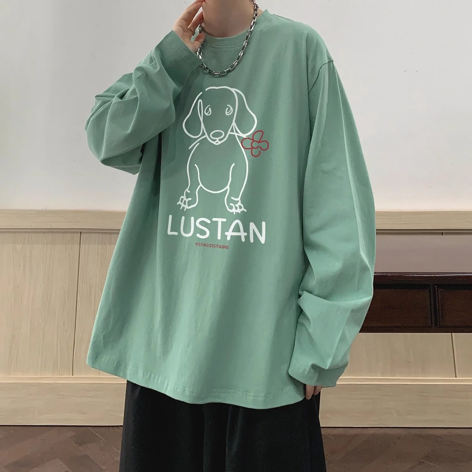 Cartoon puppy printed long sleeve cotton T-shirt in loose fit, available in multiple colours and sizes M to 5XL
