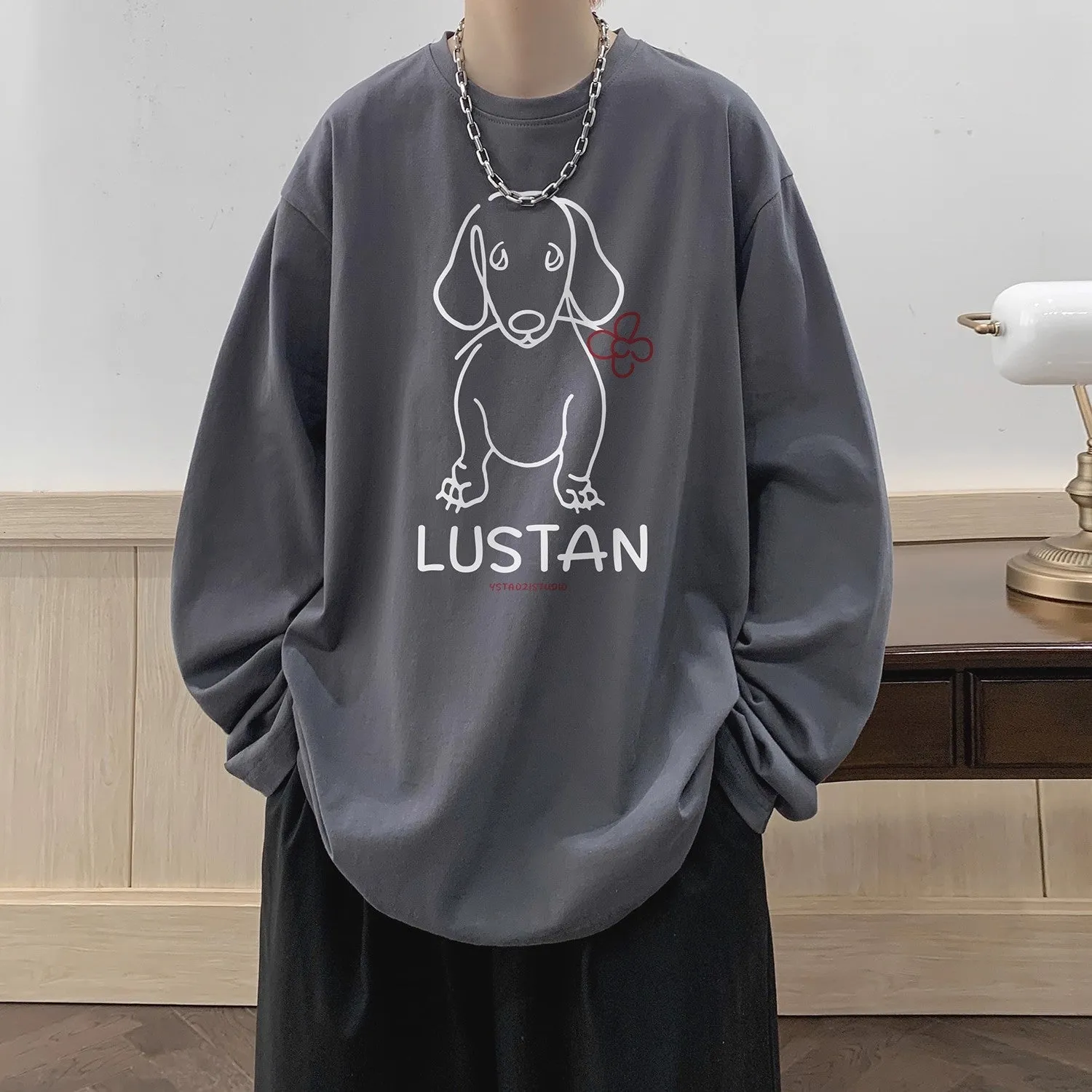 Cartoon puppy printed long sleeve cotton T-shirt in loose fit, available in multiple colours and sizes M to 5XL