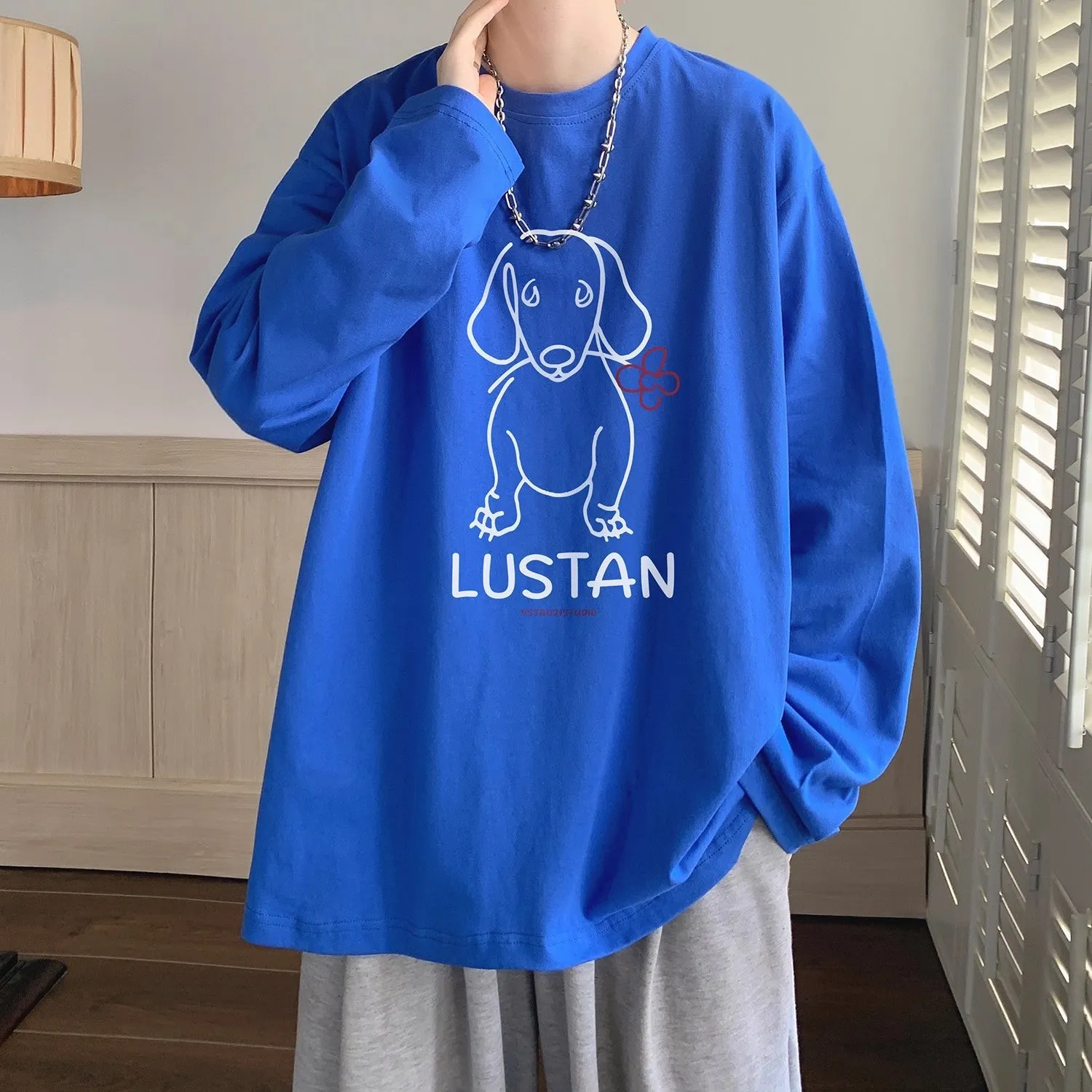 Cartoon puppy printed long sleeve cotton T-shirt in loose fit, available in multiple colours and sizes M to 5XL
