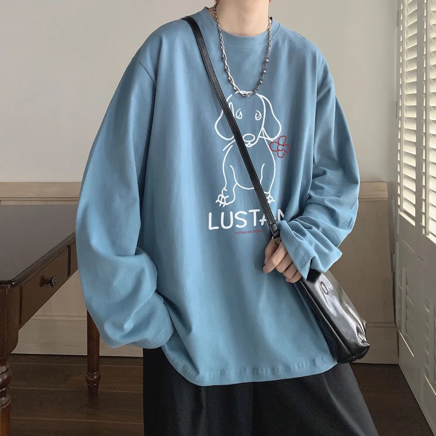 Cartoon puppy printed long sleeve cotton T-shirt in loose fit, available in multiple colours and sizes M to 5XL