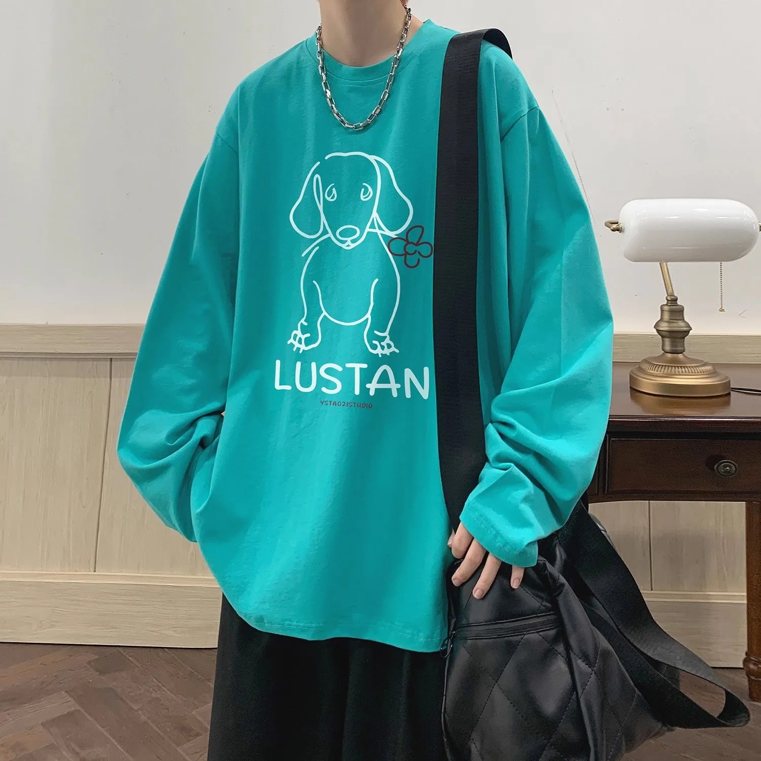 Cartoon puppy printed long sleeve cotton T-shirt in loose fit, available in multiple colours and sizes M to 5XL