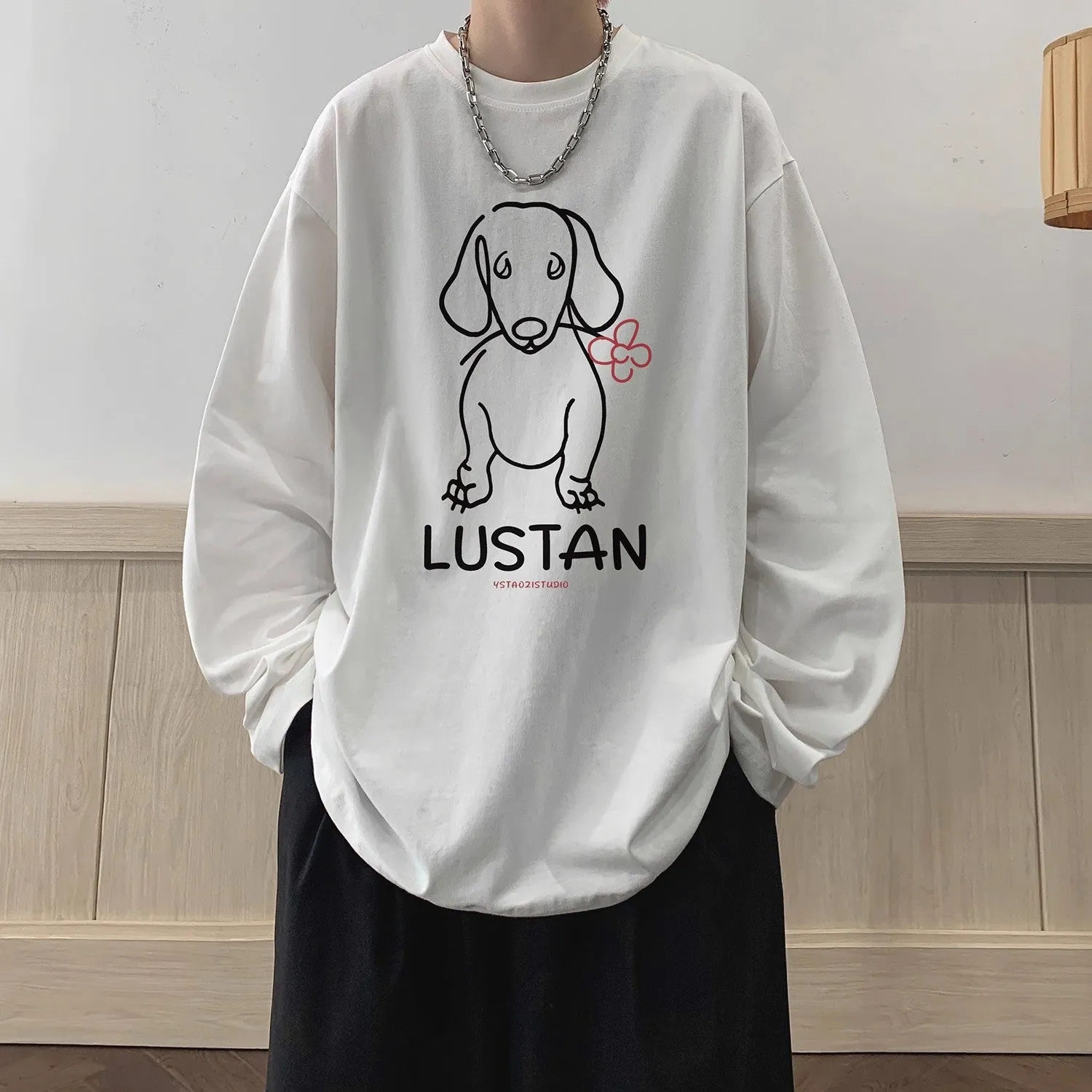 Cartoon puppy printed long sleeve cotton T-shirt in loose fit, available in multiple colours and sizes M to 5XL