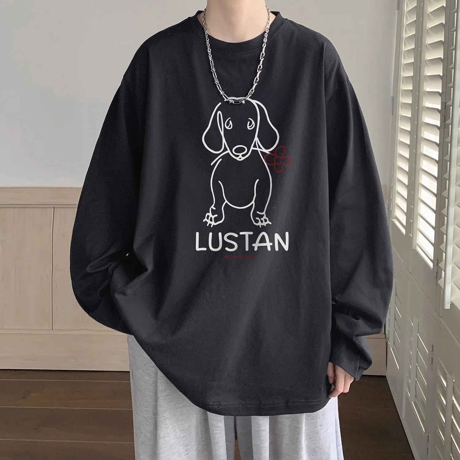 Cartoon puppy printed long sleeve cotton T-shirt in loose fit, available in multiple colours and sizes M to 5XL