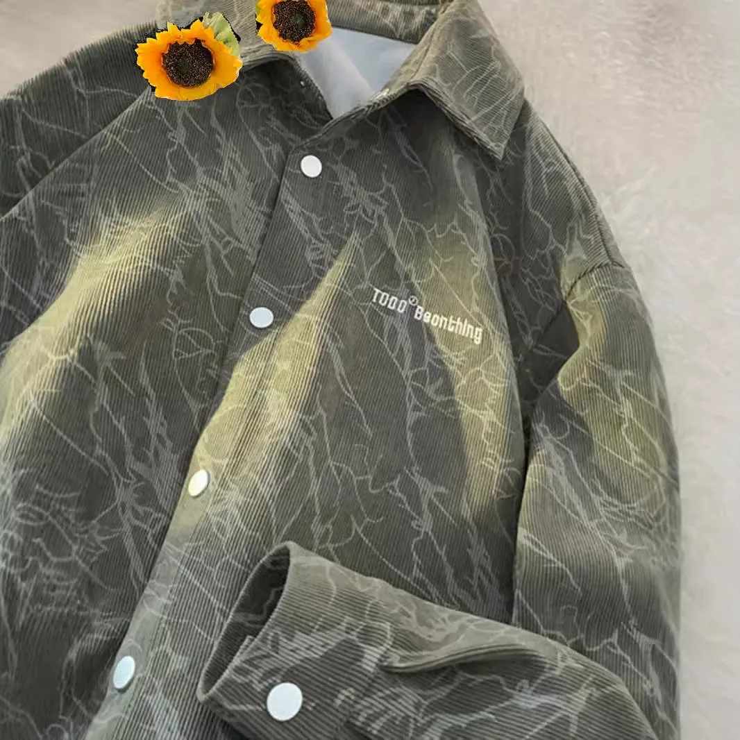 Men's embroidered corduroy shirt cardigan loose fit long sleeves black green front view