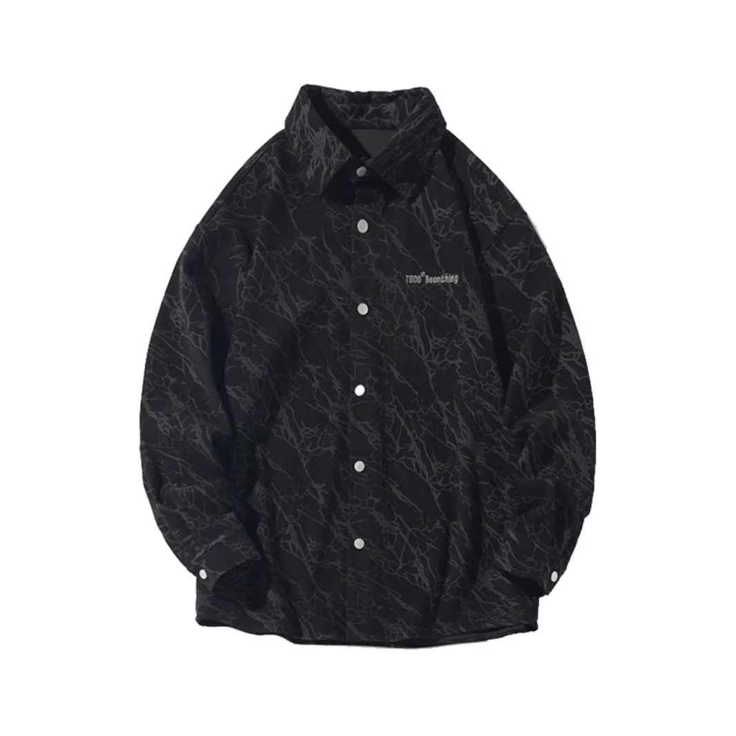 Men's embroidered corduroy shirt cardigan loose fit long sleeves black green front view