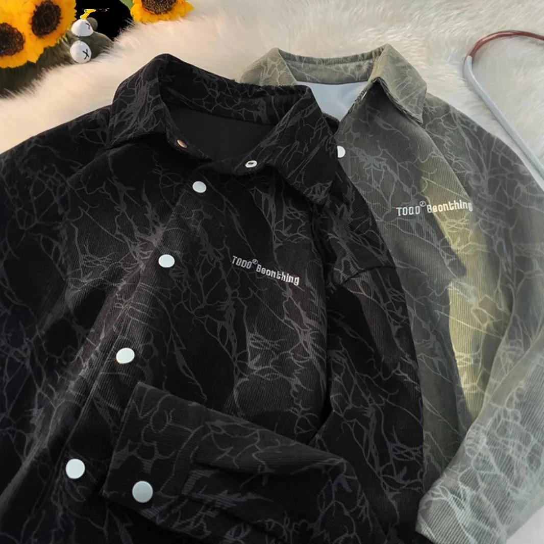 Men's embroidered corduroy shirt cardigan loose fit long sleeves black green front view