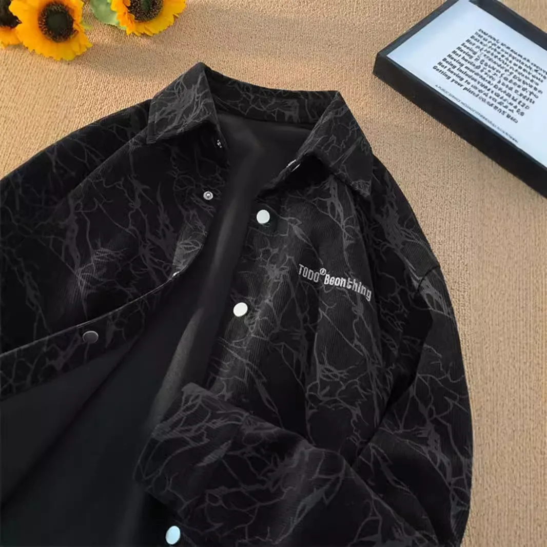 Men's embroidered corduroy shirt cardigan loose fit long sleeves black green front view