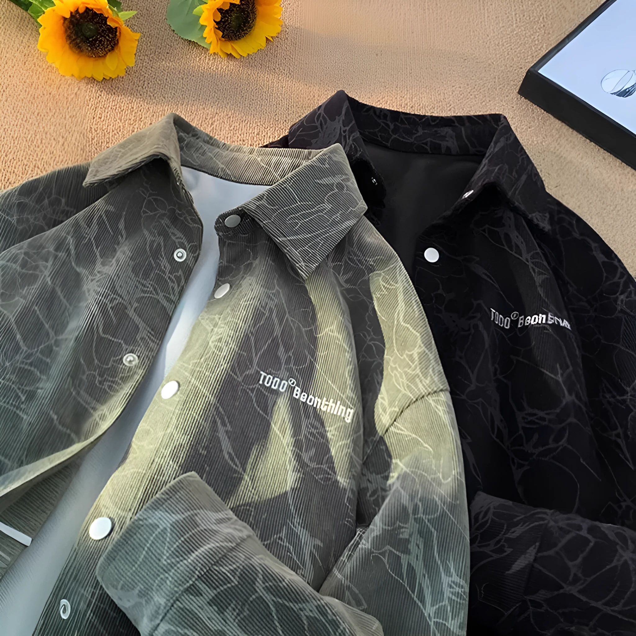 Men's embroidered corduroy shirt cardigan loose fit long sleeves black green front view