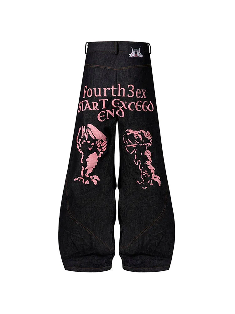 Black wide leg jeans with colour-changing temperature-sensitive embroidery and red ear detailing on a hanger.