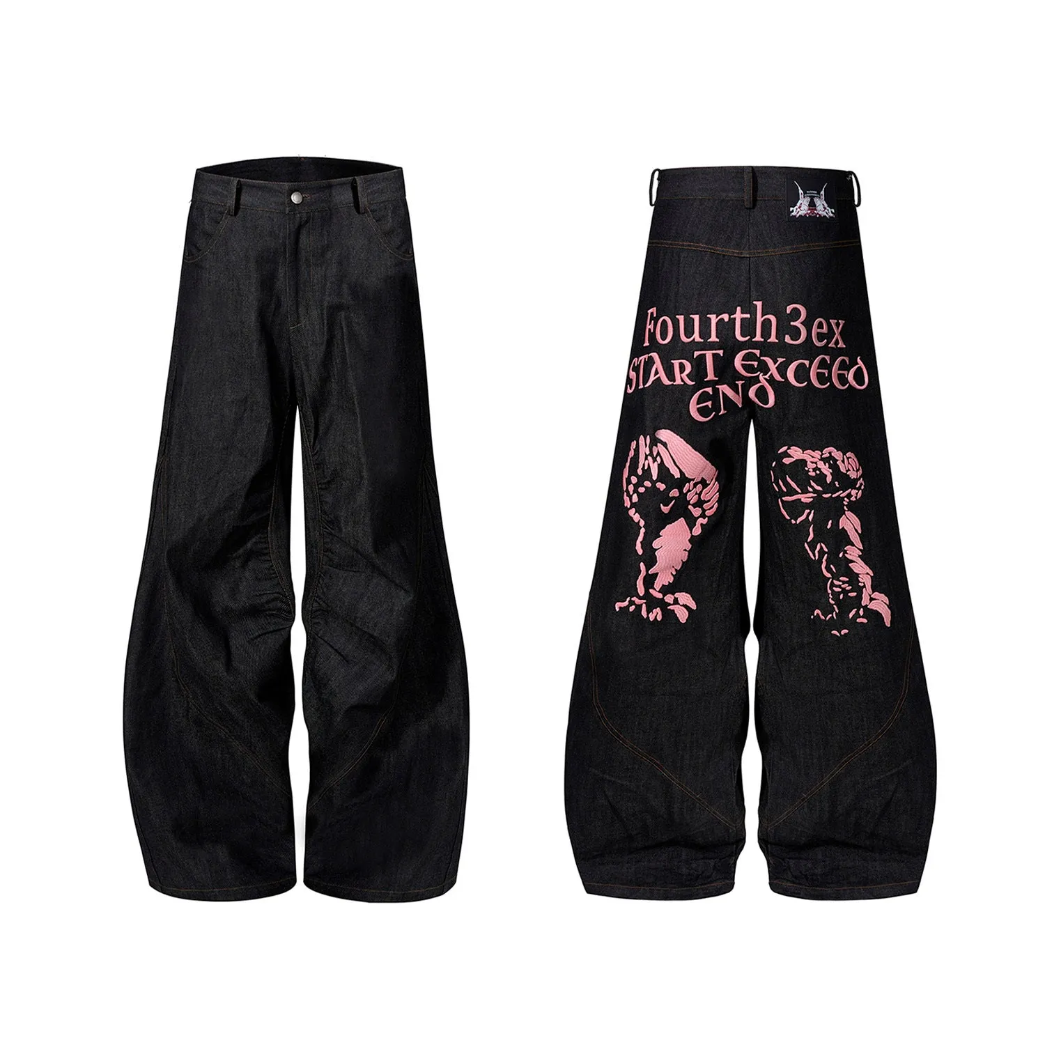 Black wide leg jeans with colour-changing temperature-sensitive embroidery and red ear detailing on a hanger.
