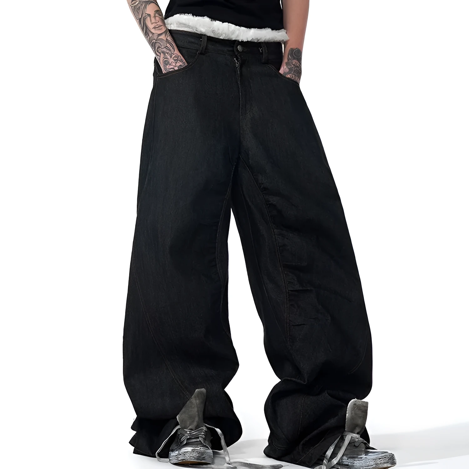 Black wide leg jeans with colour-changing temperature-sensitive embroidery and red ear detailing on a hanger.