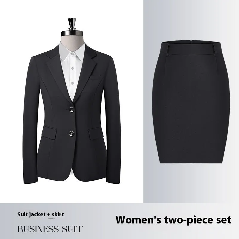 Men's and women's polyester work suit with long-sleeve jacket and trousers or skirt in black colour option