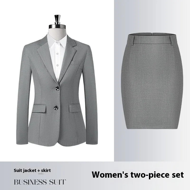 Men's and women's polyester work suit with long-sleeve jacket and trousers or skirt in black colour option
