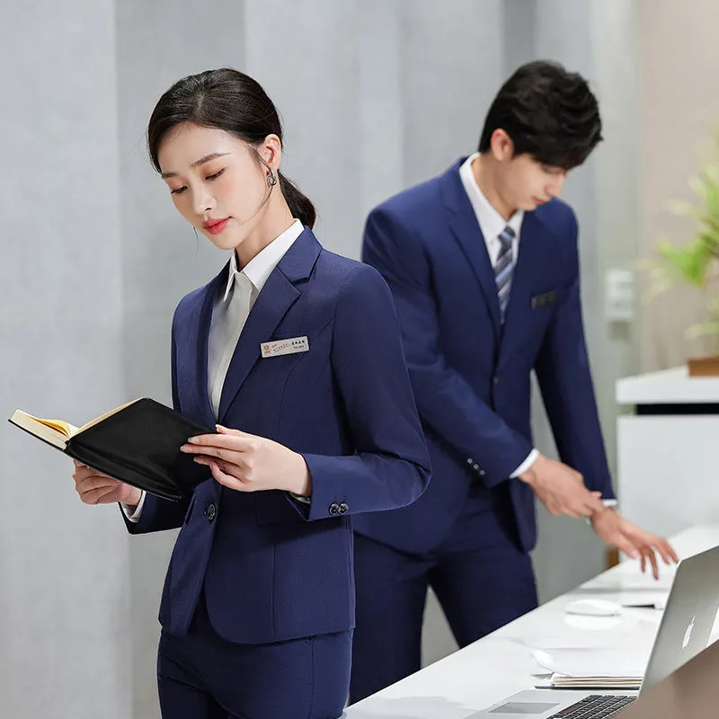 Men's and women's polyester work suit with long-sleeve jacket and trousers or skirt in black colour option