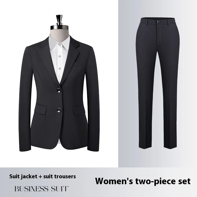 Men's and women's polyester work suit with long-sleeve jacket and trousers or skirt in black colour option
