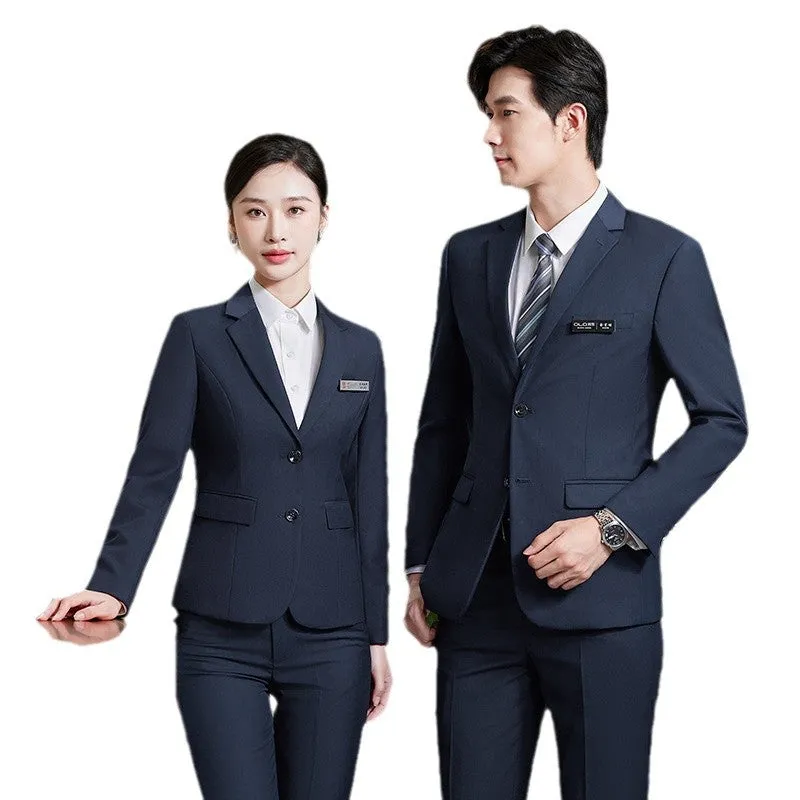 Men's and women's polyester work suit with long-sleeve jacket and trousers or skirt in black colour option