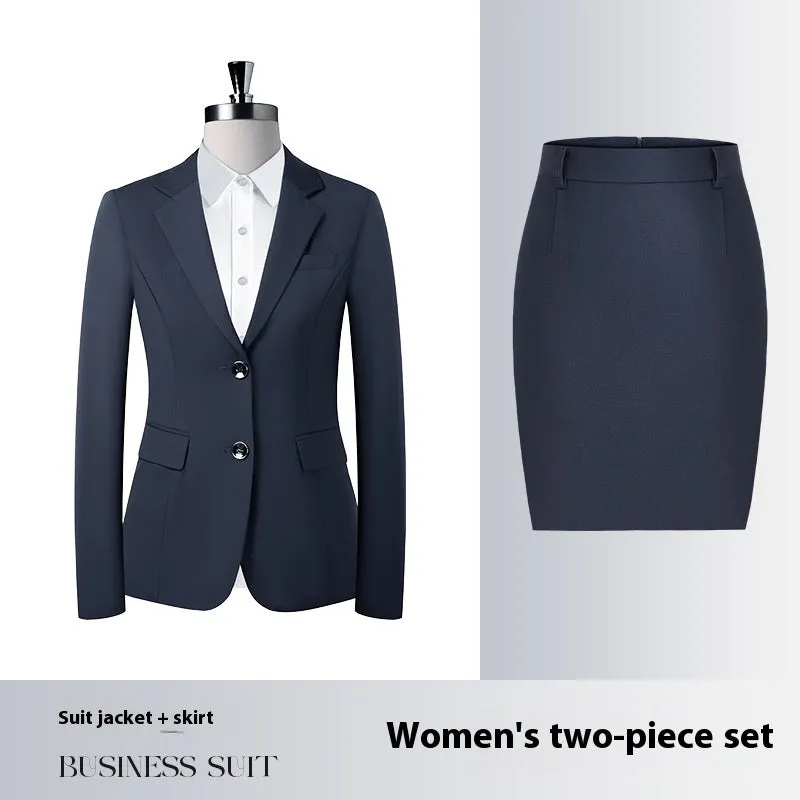 Men's and women's polyester work suit with long-sleeve jacket and trousers or skirt in black colour option