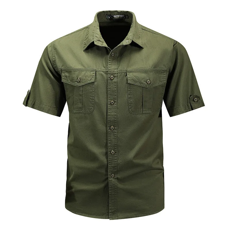 Men's short sleeve cotton shirt in khaki, regular fit cardigan style for summer casual wear