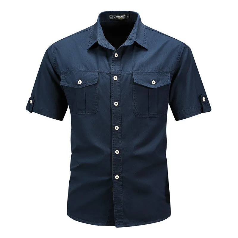 Men's short sleeve cotton shirt in khaki, regular fit cardigan style for summer casual wear