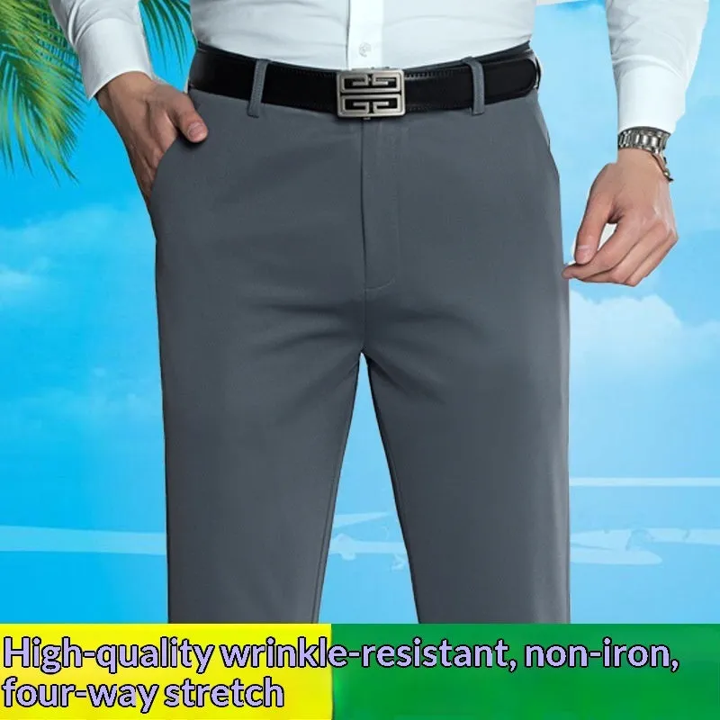 Men's autumn winter thick casual pants in sapphire blue with high elasticity waist, polyester fabric, size 29-40