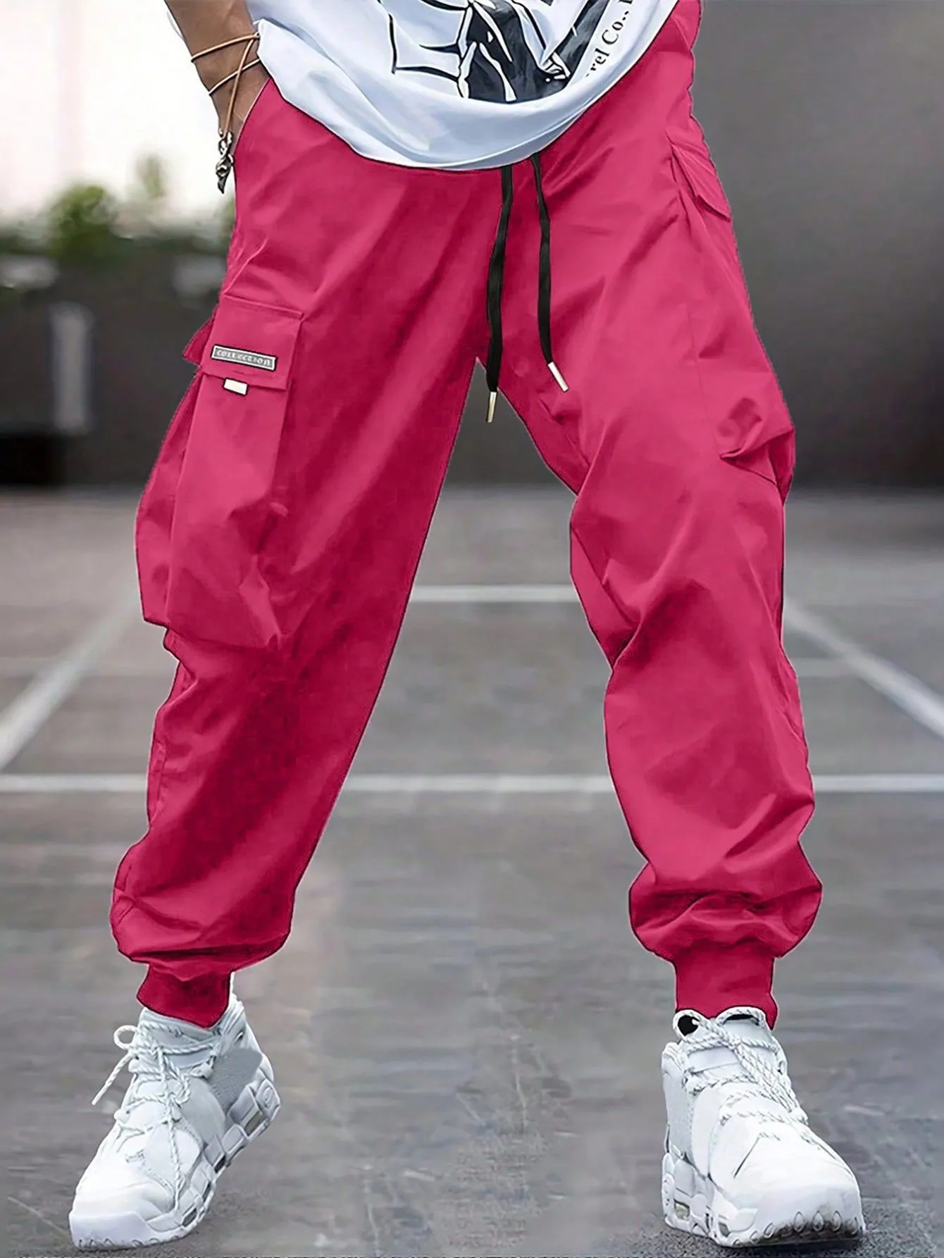 Men's tapered casual polyester trousers in khaki, American retro style