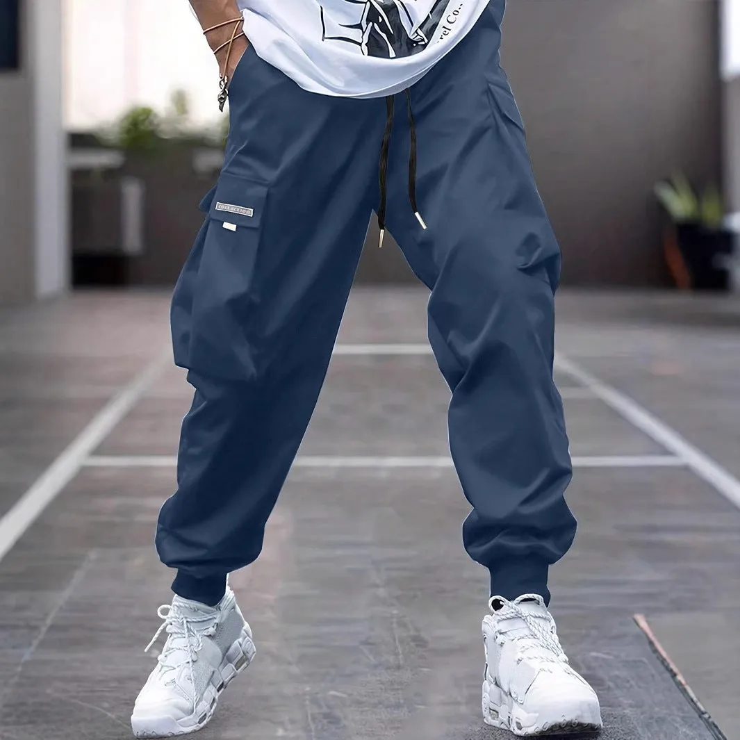 Men's tapered casual polyester trousers in khaki, American retro style