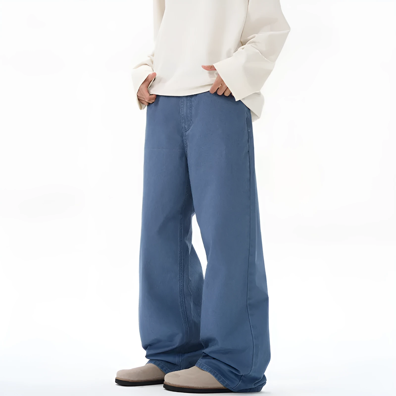 Men's stone-washed straight-leg casual pants in army green with zipper fly and loose fit