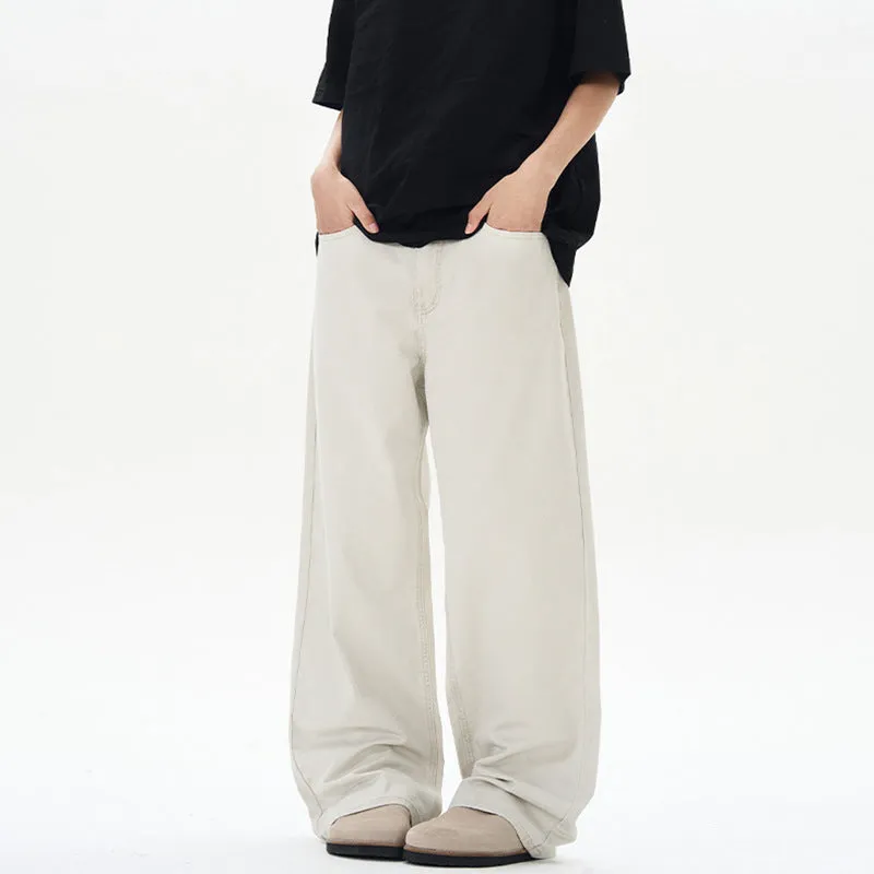 Men's stone-washed straight-leg casual pants in army green with zipper fly and loose fit