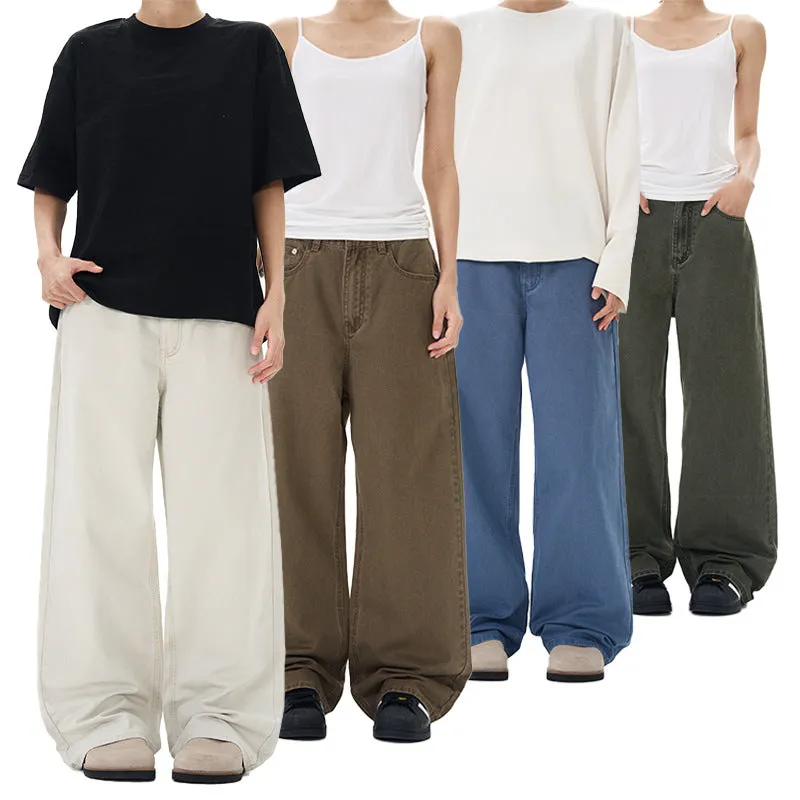 Men's stone-washed straight-leg casual pants in army green with zipper fly and loose fit