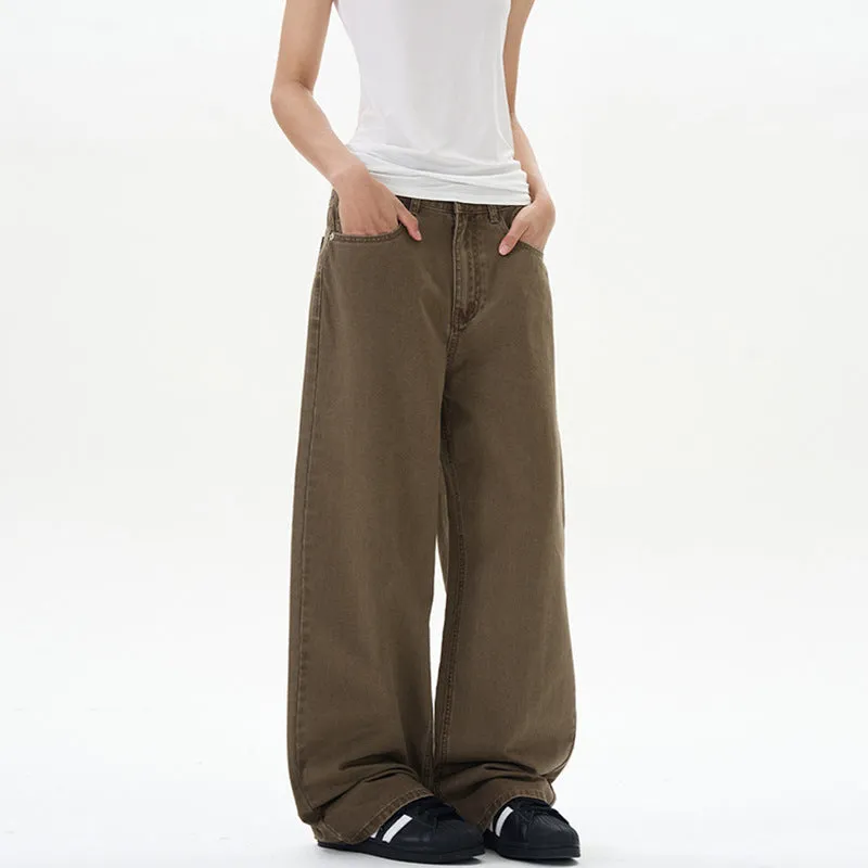 Men's stone-washed straight-leg casual pants in army green with zipper fly and loose fit
