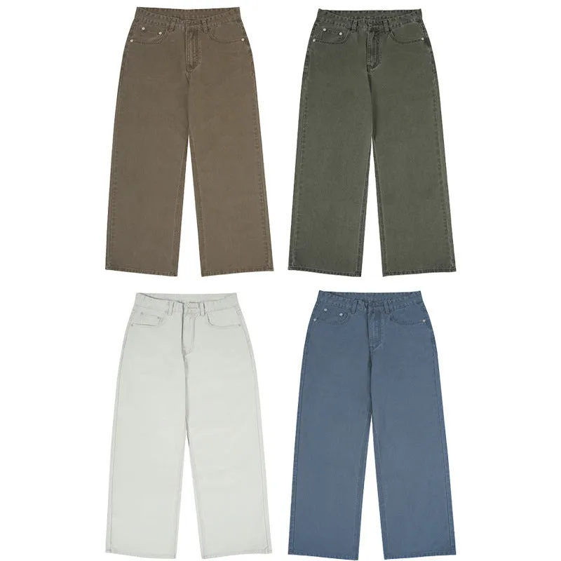 Men's stone-washed straight-leg casual pants in army green with zipper fly and loose fit