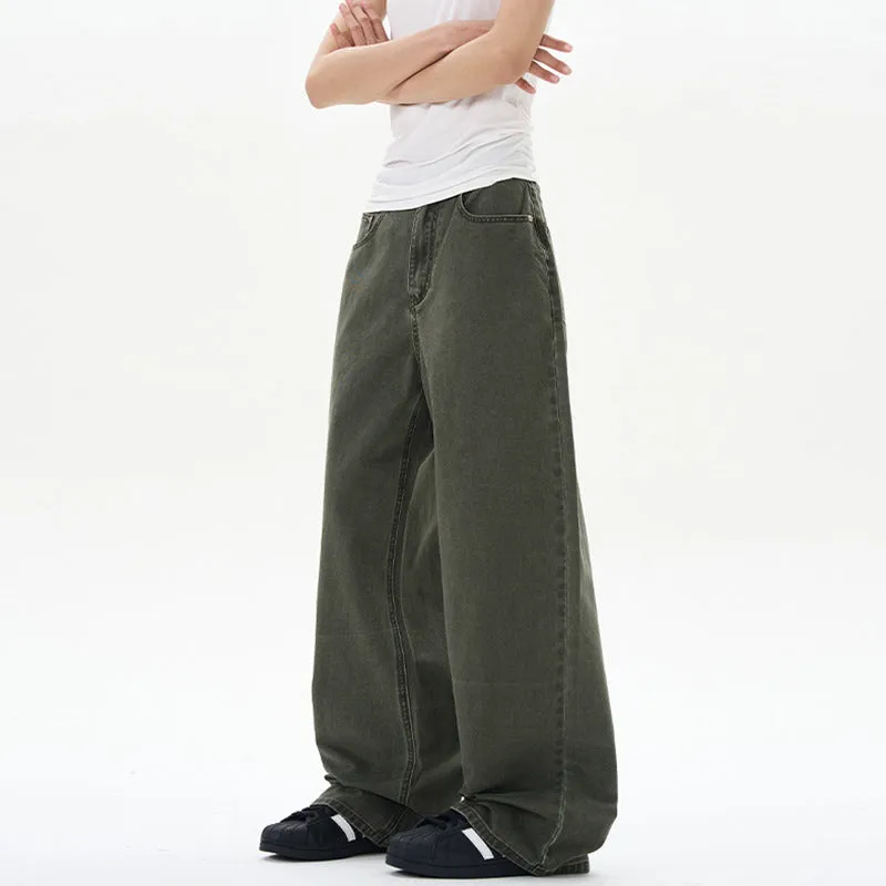 Men's stone-washed straight-leg casual pants in army green with zipper fly and loose fit