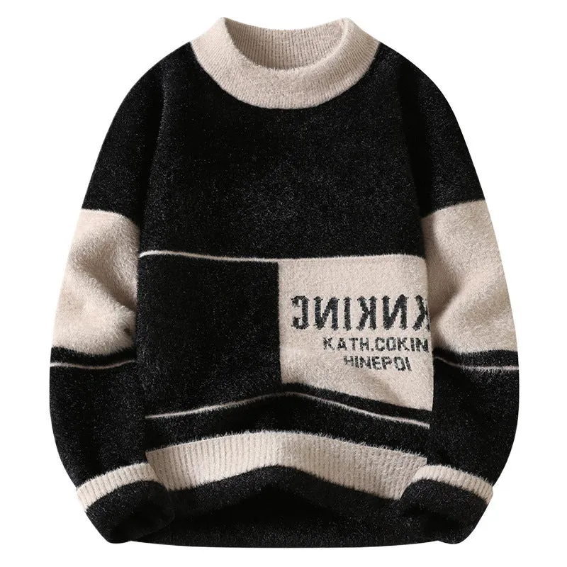 Semi-high neck thickened rabbit hair blend sweater in khaki, slim fit pullover for teenagers