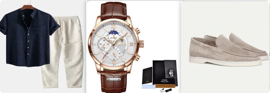 Men's slim-fit short-sleeved shirt with stand collar and digital print, shown with matching pants, shoes, and watch.